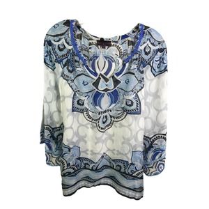 Hale Bob Women's Silk Beaded Tunic Top White & Blue Persian Floral Print Sheer S